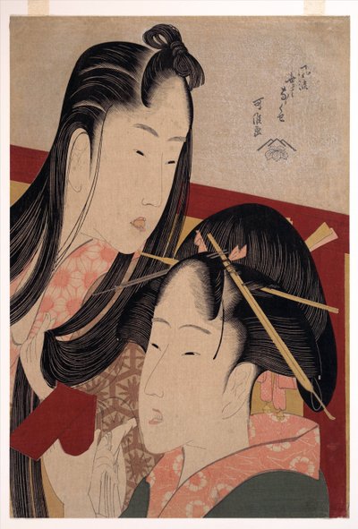 Squeaking a Ground Cherry, fra serien Seven Fashionable Useless Habits - Hokusai, Katsushika (1760-1849) - ca. 1798 - Fargetresnitt - 36,4x24,8 - Privat samling av Katsushika Hokusai