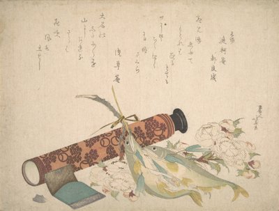 Stilleben: Dobbel kirsebærblomstgren, teleskop, søt fisk og vevseske, c..., ca. 1804-13. av Katsushika Hokusai