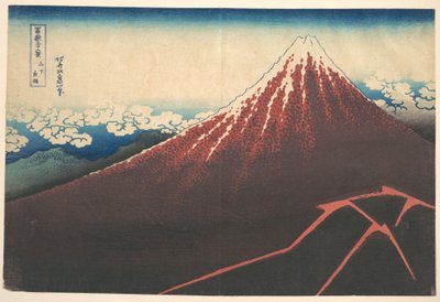Storm ved foten av Fuji-fjellet (Sanka no haku u), fra serien «De tretti-seks utsiktene over Fuji-fjellet» (Fugaku sanjūrokkei) av Katsushika Hokusai