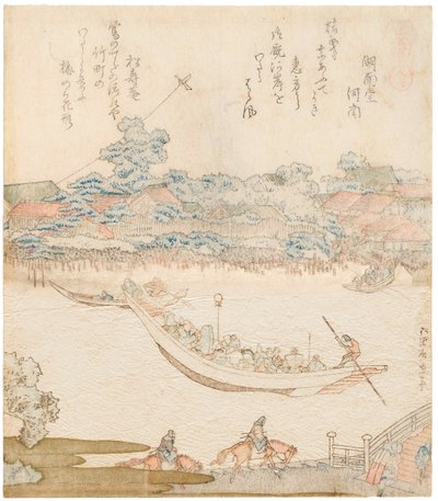 Bredden av Sumida-elven, Komatomeishi. Triptyk fra serien Umazukushi, Sentral del, 1822 av Katsushika Hokusai