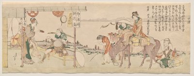 Reisende som ankommer Echizen-ya tehus av Katsushika Hokusai