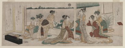 Tsukasa og andre kurtisaner fra Ogiya ser på høstmånen stige..., 1799. av Katsushika Hokusai