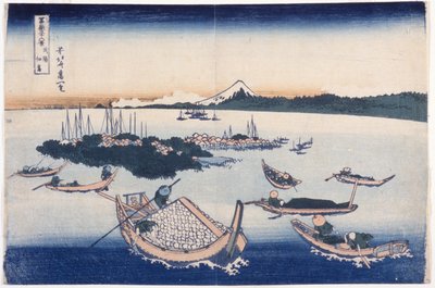 Tsukuda Island i Musashi-provinsen (farget treblokktrykk) av Katsushika Hokusai