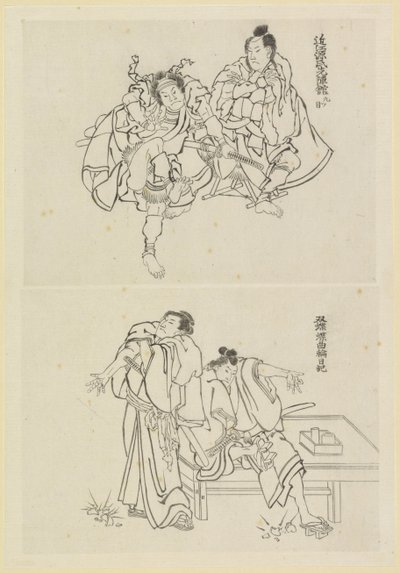 To scenescener, en med to samuraier og en med to figurer ved et bord av Katsushika Hokusai