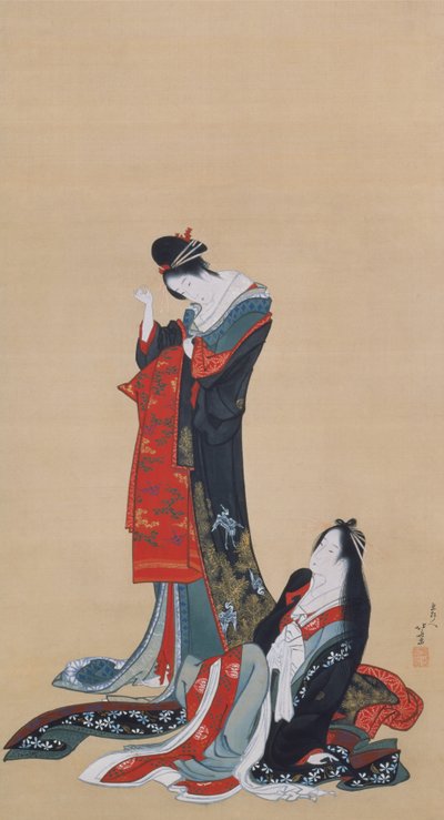 To kurtisaner, Edo-perioden, ca. 1805 (blekk og farge på silke) av Katsushika Hokusai