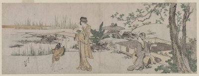To kvinner og et barn ved siden av en gullfisketank av Katsushika Hokusai