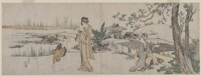 To kvinner og et barn ved siden av en gullfisketank, ca. 1800. av Katsushika Hokusai