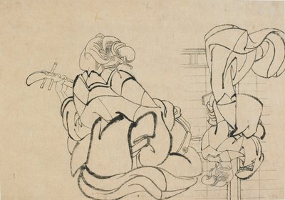 To skisser: dame som spiller samisen og dame med rygg til observatør..., slutten av 1700-begynnelsen av 1800-tallet. av Katsushika Hokusai