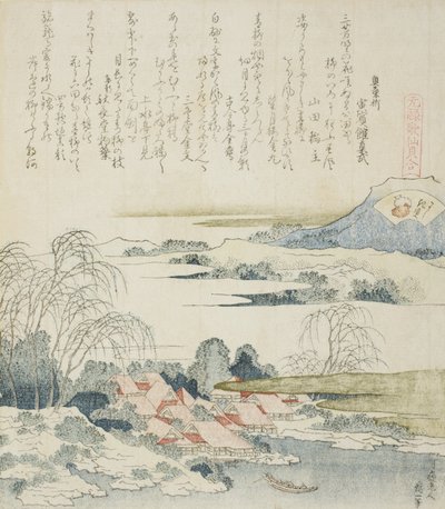 Landsby ved Yoshino-elven, illustrasjon for The Brocade Shell av Katsushika Hokusai