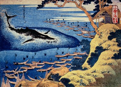 Hvalfangst utenfor Goto-øya, fra serien "Oceans of Wisdom" (treblokktrykk i farger) av Katsushika Hokusai