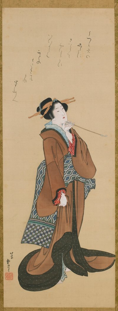 Kvinne som holder en tobakkspipe, ca. 1814-1815. av Katsushika Hokusai