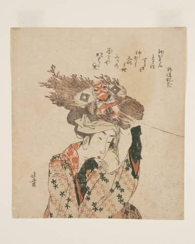 Kvinne fra ?hara med vedpakke og drage (farget treblokktrykk) av Katsushika Hokusai