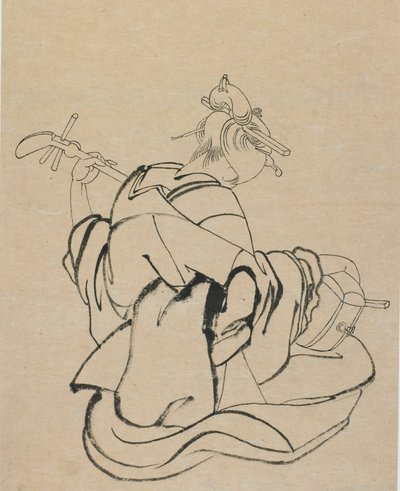 Kvinne med rygg til observatør som spiller samisen, slutten av 1700-begynnelsen av 1800-tallet. av Katsushika Hokusai