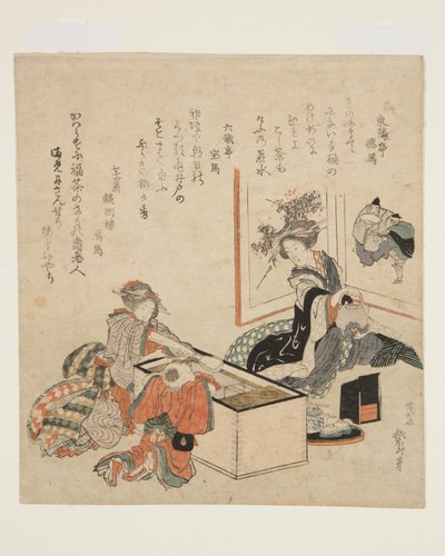 Kvinner tilbereder te rundt brannholderen (farget treblokktrykk) av Katsushika Hokusai