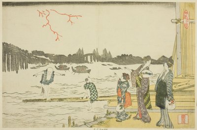 Kvinner og barn ser på fyrverkeriet av Katsushika Hokusai