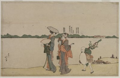 Kvinner og barn som går langs Sumida-elven, tidlig på 1800-tallet. av Katsushika Hokusai