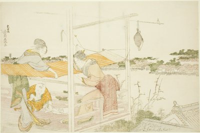 Kvinner på en veranda som strekker seg til tørk av Katsushika Hokusai