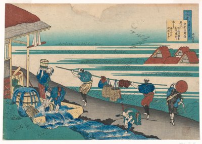 Arbeidere ved siden av sjøen og farget klut fra Hyakunin, hundre dikt forklart av sykepleieren av Katsushika Hokusai