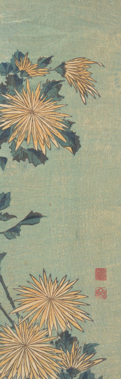 Gule krysantemum på en blå grunn, ca. 1825. av Katsushika Hokusai