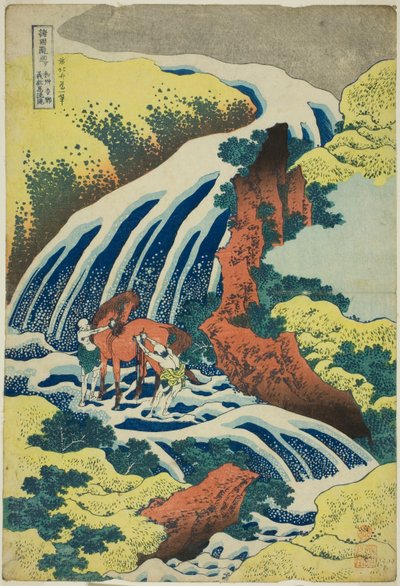 Yoshitsunes Horse-Washing Falls ved Yoshino i Yamato-provinsen (Washū Yoshino Yoshitsune uma arai no taki), fra serien Tour of the Waterfalls in Various Provinces (Shokoku taki meguri) av Katsushika Hokusai