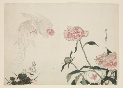 Langhalehaner blant blomster (farget treblokktrykk) av Katsushika II (fl.1820 50) Taito
