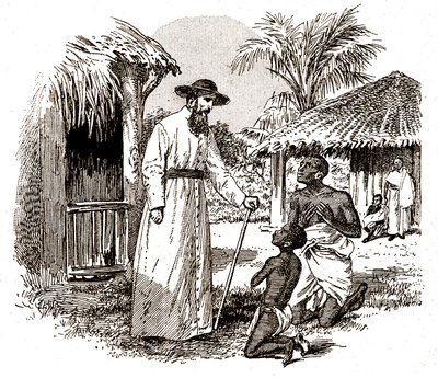En katolsk misjonær i Afrika som praktiserer en konvertering på et barn og hans far, ca. 1900 (gravering) av David Mosé