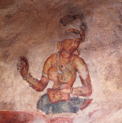 Apsaras, himmelsk nymfe gir et tilbud, freskomaleri, befestet citadell av Sigiriya (UNESCOs verdensarvliste av David Mosé