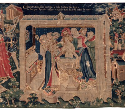 Historien om Saint Piat og Saint Eleuthère, også kalt billedvev av Arras. Bestilt fra kanon Toussaint Prier, kapellan for hertugen av Burgund, sent på 1300-tallet - begynnelsen av 1400-tallet. 22m x 2m. Detalj (teppe) av David Mosé