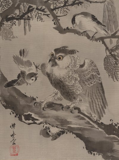 Ugle hånet av småfugler, ca. 1887. av Kawanabe Kyosai