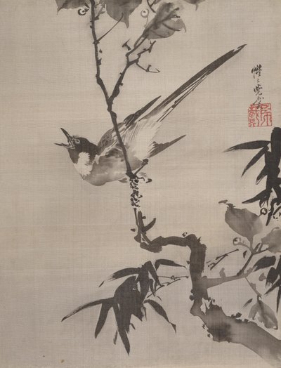 Syngende fugl på en gren, ca. 1887. av Kawanabe Kyosai