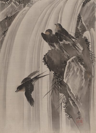 Svaler ved en foss, ca. 1887. av Kawanabe Kyosai