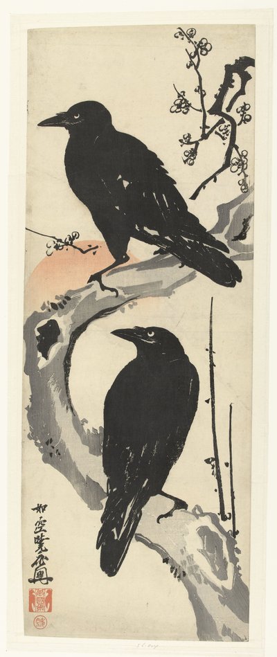 To kråker som sitter på en gren av et blomstrende plommetre ved solnedgang av Kawanabe Kyosai