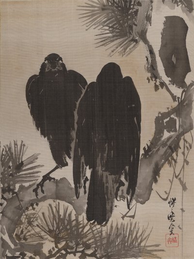 To kråker på en furugren, ca. 1887. av Kawanabe Kyosai