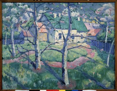 Epletrær som blomstrer. Landskap om sommeren, noen få hus, en sti, trær. Maleri av Kasimir Severinovich Malevich (Malevich, Malevic) (1878-1935), olje på lerret av Kazimir Severinovich Malevich