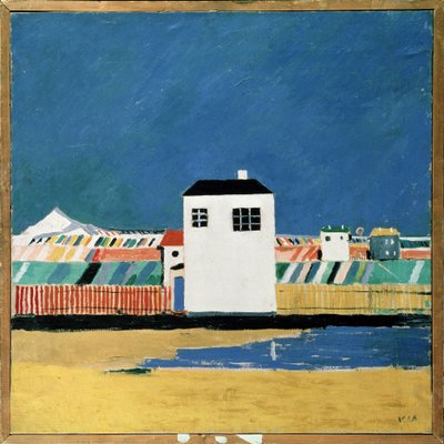 Landskap med et hvitt hus. Maleri av Kasimir Severinovich Malevitch (Malevich, Malevic) (1878-1935), olje på lerret, ca 1930. Russisk kunst, 20. århundre, avantgarde, suprematisme, konstruktivisme. Statens russiske museum, av Kazimir Severinovich Malevich