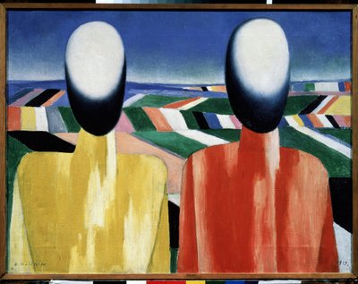 Bønder (Bønder). To ansiktsløse hoder foran et landskap av dyrket mark. Maleri av Kasimir Severinovich Malevitch (Malevich, Malevic) (1878-1935), olje på lerret, rundt 1930. Russisk kunst, avantgarde, 20. århundre, suprematisme. Statlig russisk muse av Kazimir Severinovich Malevich