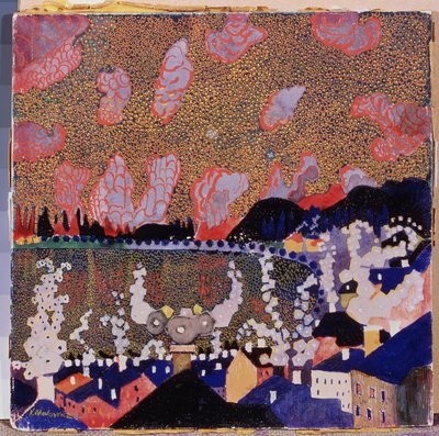 Småby. Maleri av Kasimir Severinovich Malevich (Malevich, Malevic) (1878-1935), olje på papp av Kazimir Severinovich Malevich