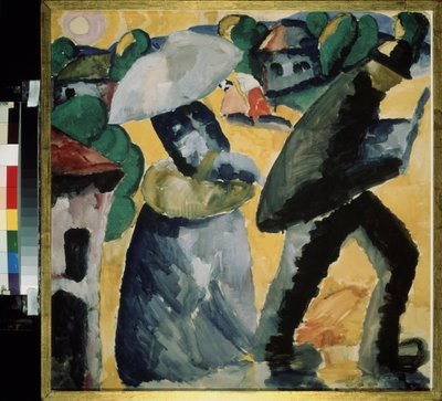 Provins. Scene av dagliglivet i gatene i en liten landsby, et par, overrasket av regnet, går i regnskyllen, kvinnen ly under en paraply. Verk av Kasimir Severinovich Malevich (Malevich, Malevic) (1878-1935), gouache på papir av Kazimir Severinovich Malevich