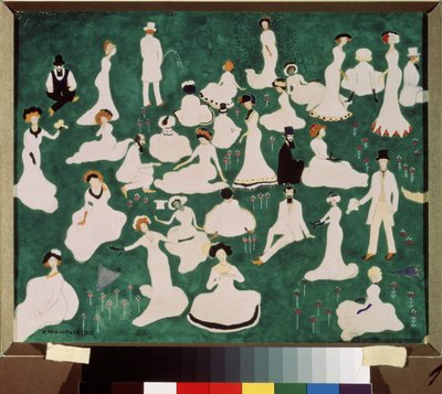 Avslapning. Høyt samfunn i topphatter. (Relaxing. High Society in Top Hats). Scene med moro og avslapning på plenen i en park. Verk av Kasimir Severinovich Malevitch (Malevich, Malevic) (1878-1935), akvarell, gouache og blekk på av Kazimir Severinovich Malevich