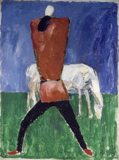 Den hvite hestens mann og hest, 1930-1931. av Kazimir Severinovich Malevich