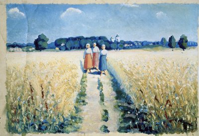 Trois femmes sur la route (Tre kvinner på veien). Barbeinte bondekvinner i tradisjonell drakt, vandrer mellom dyrkede åkre, midt på sommeren, innhøstingstiden for jordbruket. Maleri av Kasimir Severinovich Malevich (Malevich, Malevic) (1878-1 av Kazimir Severinovich Malevich