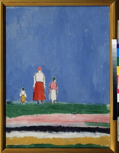 Tre figurer (tre figurer). En mor med to barn, representert bakfra. Maleri av Kasimir Severinovich Malevitch (Malevich, Malevic) (1878-1935), olje på lerret 1913 eller etter 1927. Russisk kunst, 20. århundres avantgarde, suprematisme. Samling s av Kazimir Severinovich Malevich