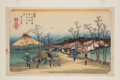 Nr. 4, Urawa Station: Fjernsyn over Asama-fjellet (Urawa shuku, Asamayama enb?) (farget treblokktrykk) av Keisai Eisen