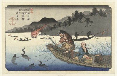 Aalscholvervissersboten op de Nagae rivier te Kawado Kawado Nagaegawa ukaibune (tittel på objekt) Stations van de Kisokaido (serietittel) Kisoji eki (serietittel på objekt) av Keisai Eisen