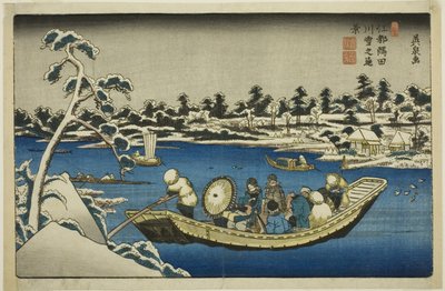 Fjern utsikt over snø på Sumida-elven i Edo av Keisai Eisen
