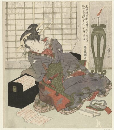 En geisha lener seg på shamisens boks av Keisai Eisen