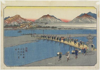 No.11: Fergehavn ved Kanna-elven nær Honjo_ stasjon, 1830-1844 av Keisai Eisen