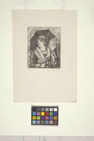 Shopper med paraply (etsing) av Kenneth Hayes Miller