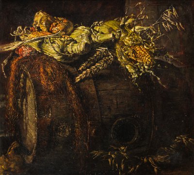 Old Barrel and Cobs of Corn (olje på lerret) av Kenneth Newton