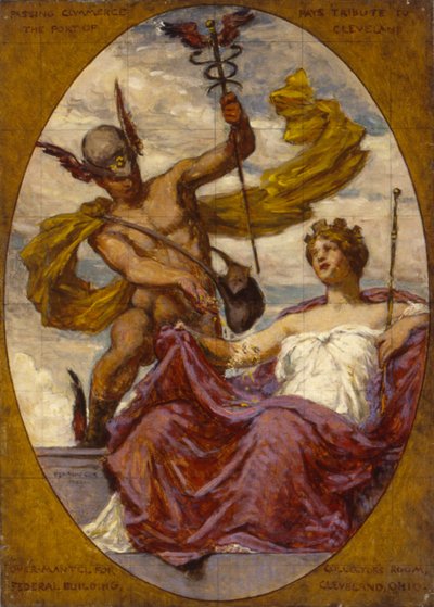 Studie for veggmaleri ved US Custom House, Cleveland, OH, Passing Commerce Pays Tribute to the..., 1909 av Kenyon Cox